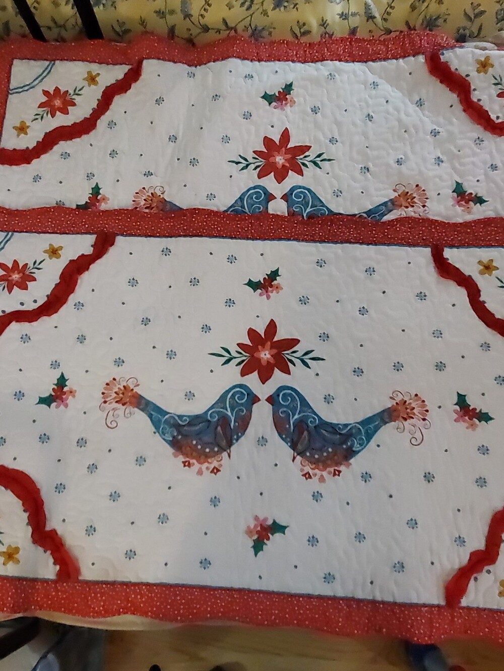 Festive Pioneer Woman Blue Bird Quilted Bedding Shams with Red Trim